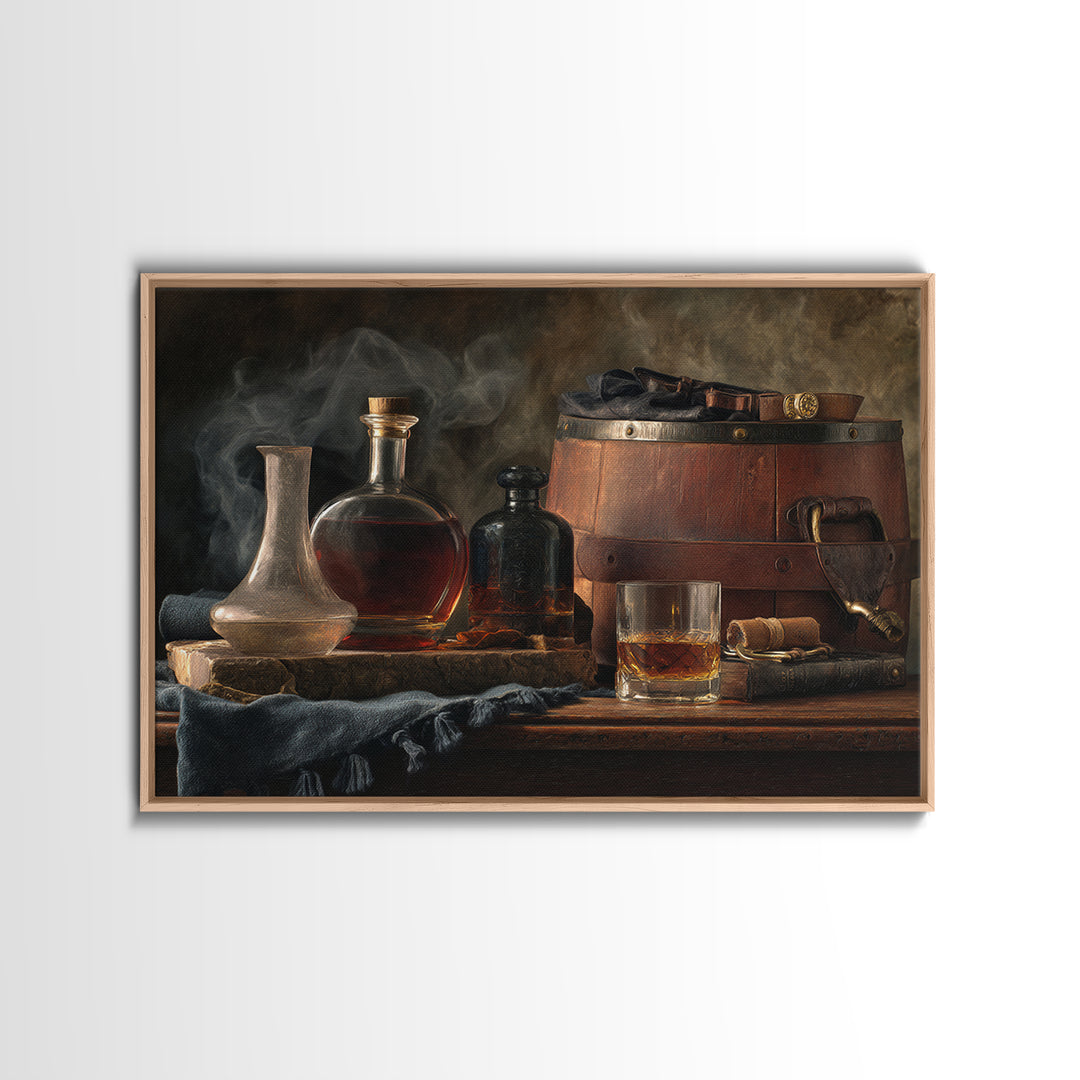 Bourbon Barrel Still Life Framed Canvas Print, Bar Art, Bar Cart Decor, Bar Decor, Oil Painting, Minimalist Decor, BAR-3x2-82