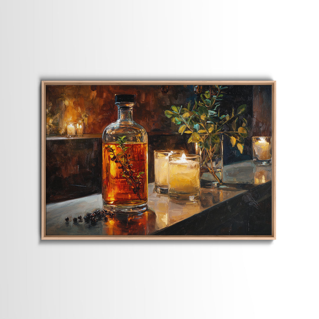 Gin Bottle with Botanicals and Juniper Branches Canvas Print, Bar Art, Bar, Bar Decor, Oil Painting, Living Room Art, BAR-3x2-83