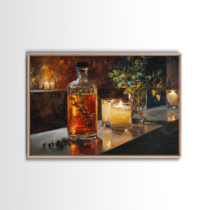 Gin Bottle with Botanicals and Juniper Branches Canvas Print, Bar Art, Bar, Bar Decor, Oil Painting, Living Room Art, BAR-3x2-83