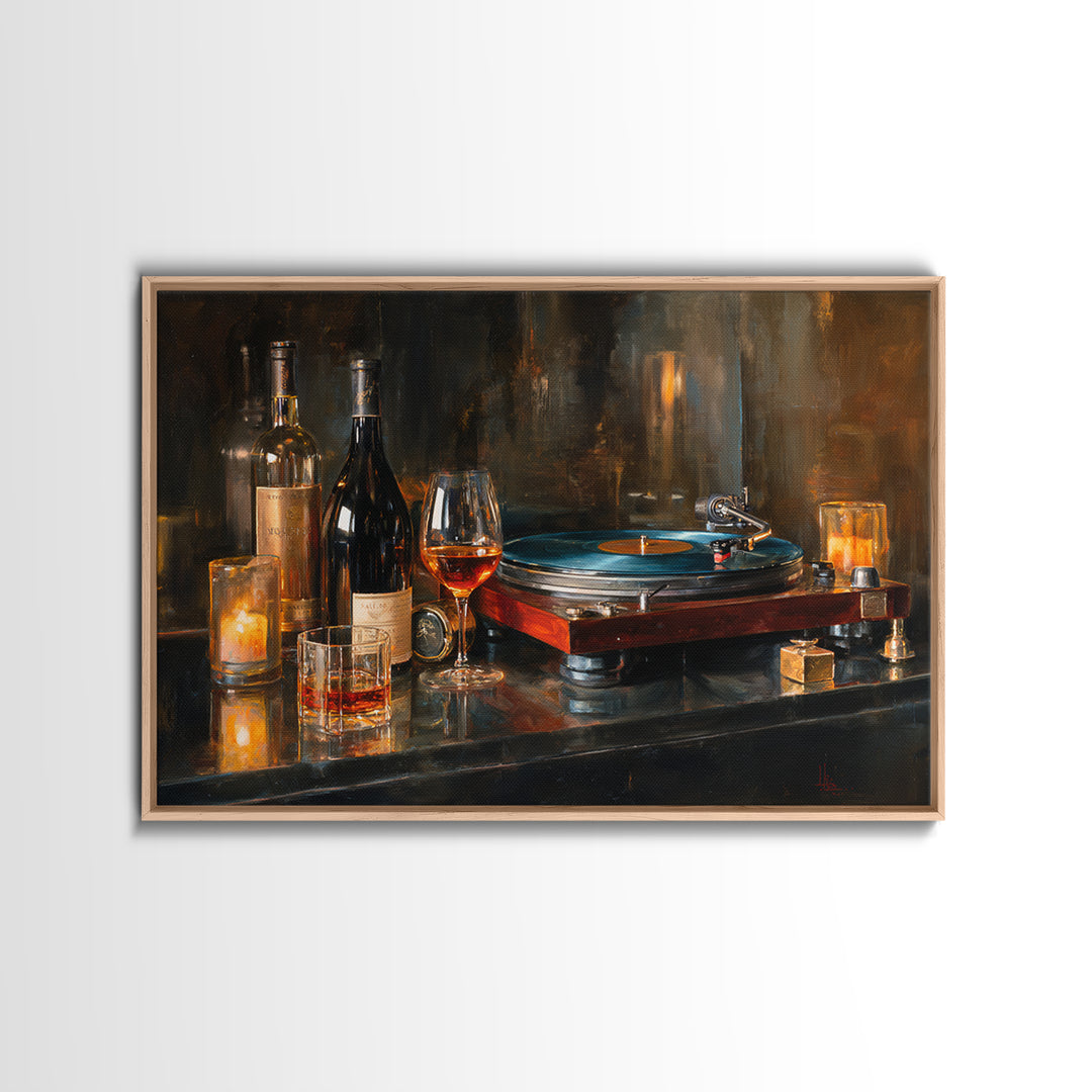 Wine and Record Player Lounge Still Life Canvas Print, Bar Art, Boho Decor, Bar Decor, Oil Painting, Art Print, BAR-3x2-89