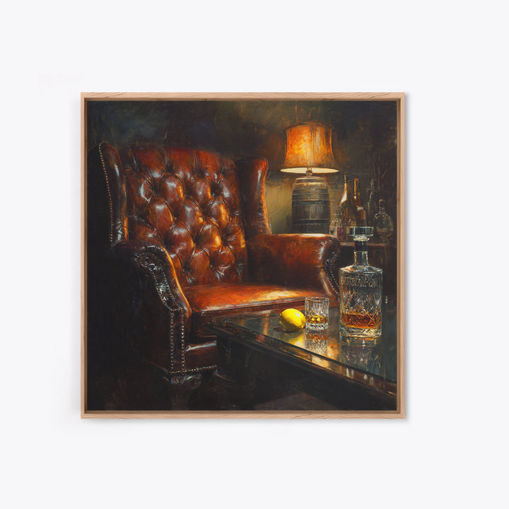 Whiskey Barrel and Leather Chair Mood Painting Canvas Print, Basement Art, Original Art Prints, Living Room Decor, Retreat, BAS-1x1-34