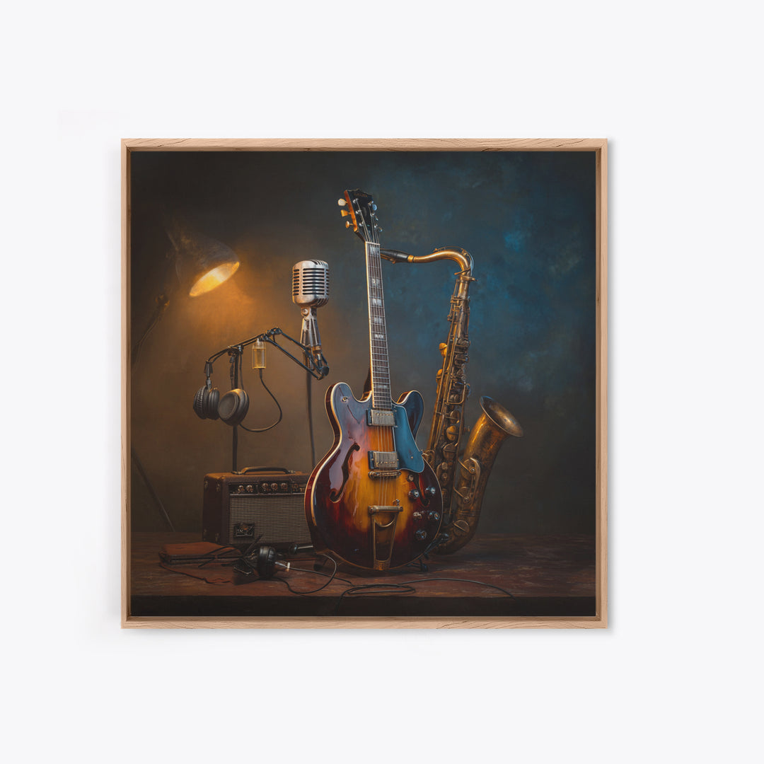 Classic Rock Guitar Still Life Framed Canvas Print, Basement Art, Fine Art Print, Living Room Decor, Fine Art, Retreat, BAS-1x1-53
