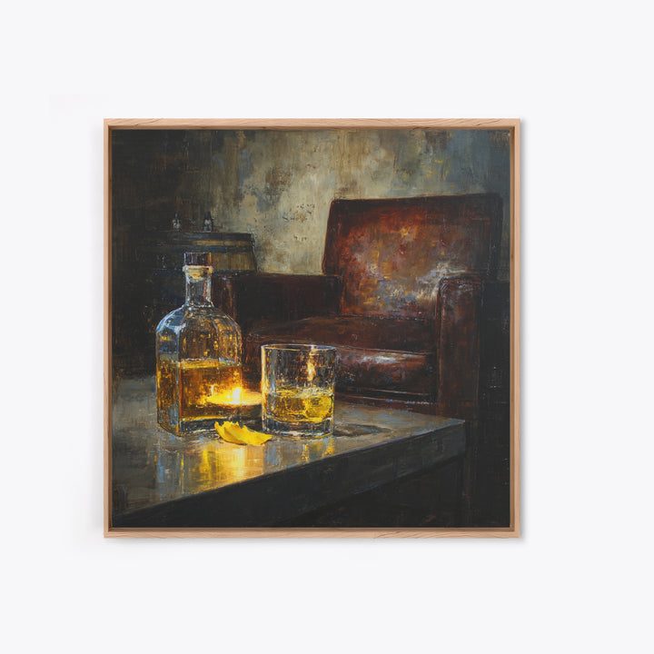 Whiskey Barrel and Leather Chair Mood Painting Canvas Print, Basement Art, Neutral Decor, Living Room Decor, Oil Painting, BAS-1x1-82