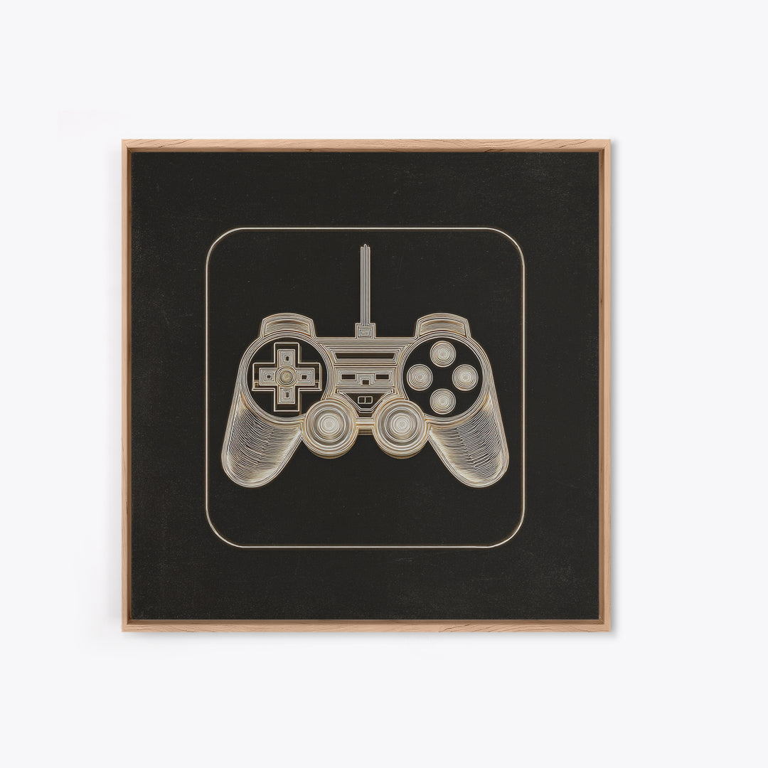Neon Game Controller Icon on Black Background Framed Canvas Print, Basement Art, Luxury Decor, Living Room Decor, Oil Painting, BAS-1x1-93