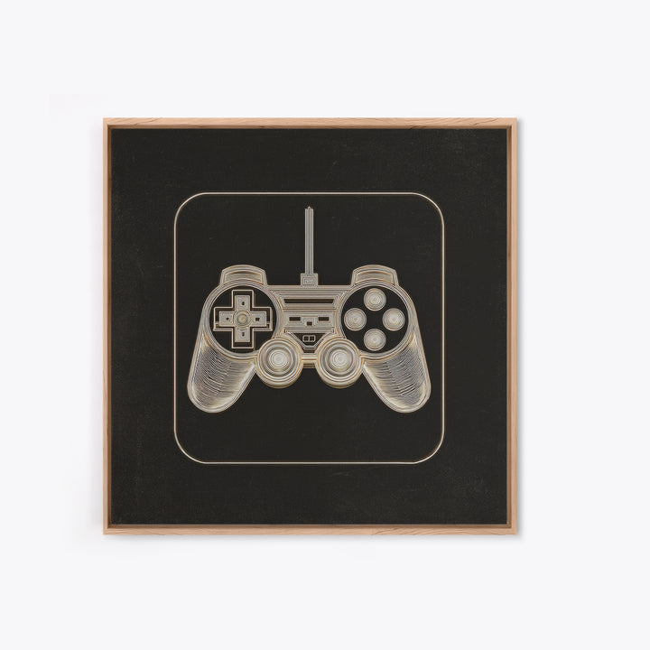 Neon Game Controller Icon on Black Background Framed Canvas Print, Basement Art, Luxury Decor, Living Room Decor, Oil Painting, BAS-1x1-93