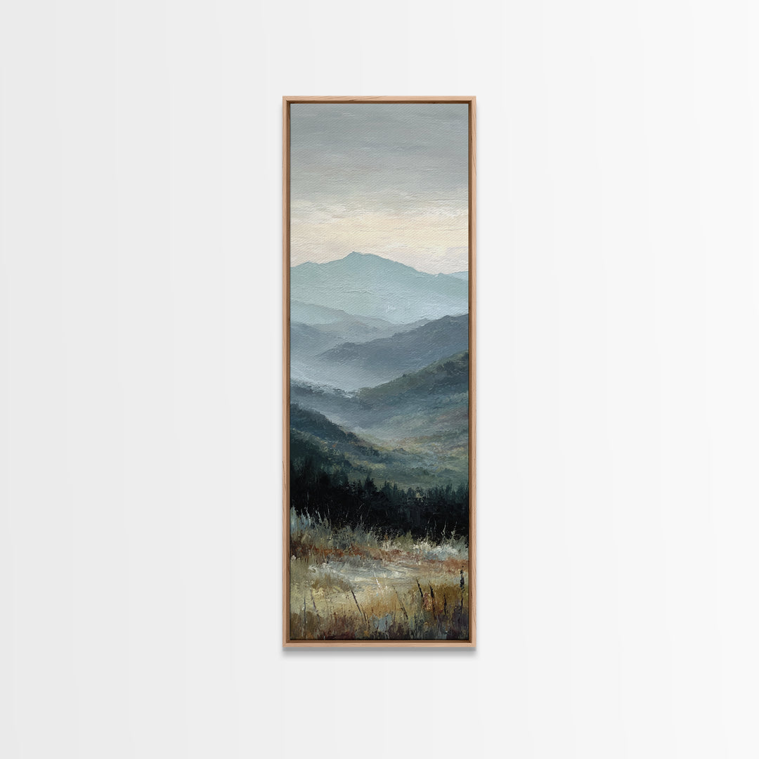 Moody Mountain Landscape for a Cozy Lounge Framed Canvas Print, Basement Art, Home Decor, Living Room Decor, Fine Art, Retreat, BAS-1x3-15