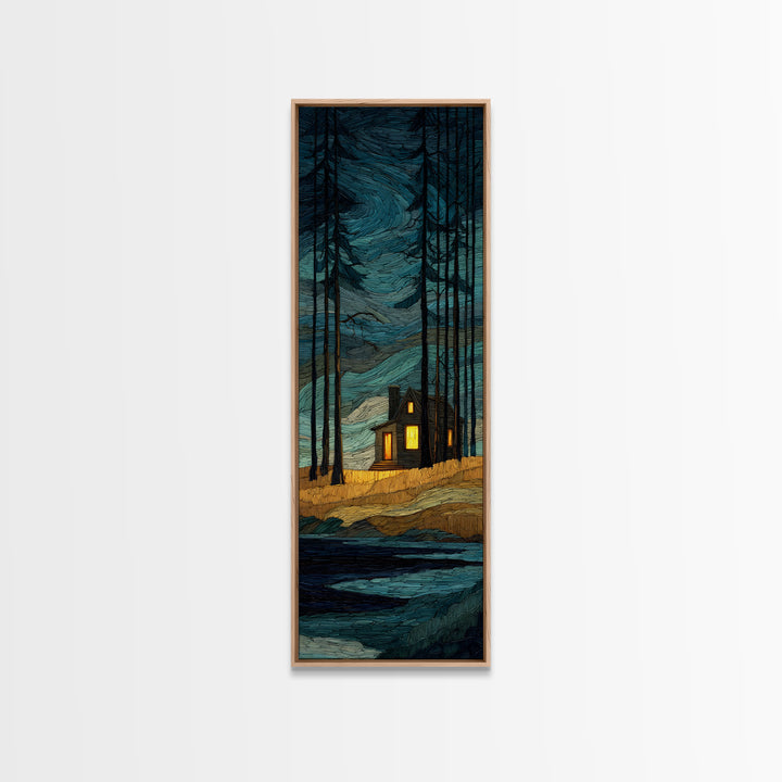 Forest Cabin Night Scene Canvas Print, Basement Art, Canvas, Living Room Decor, Retreat, Bar Art, Digital Art Download, BAS-1x3-27