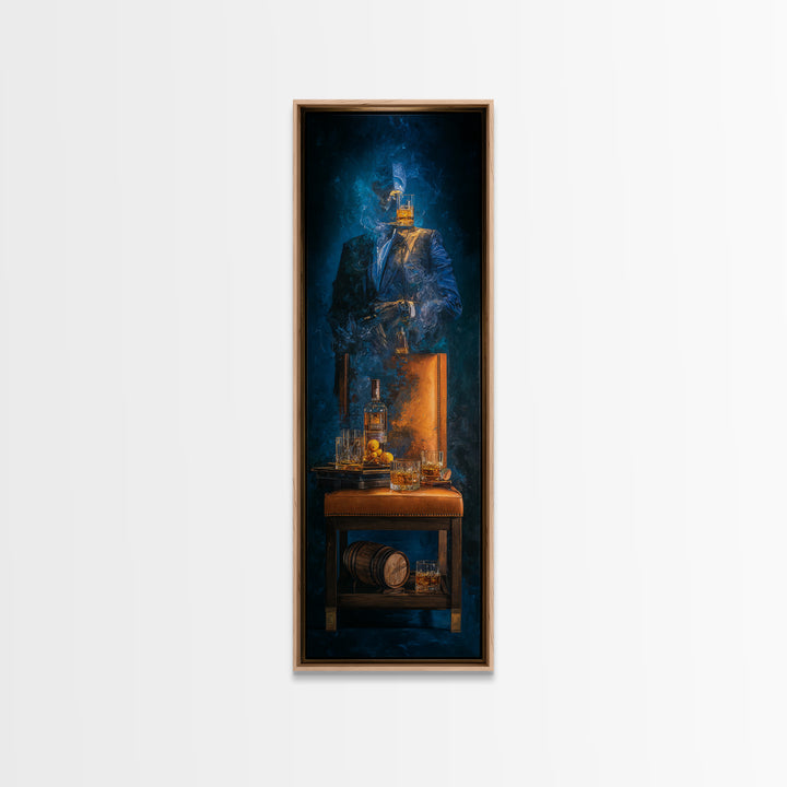Whiskey Barrel and Leather Chair Mood Painting Framed Canvas Print, Basement Art, Game Room Decor, Living Room Decor, Retreat, BAS-1x3-46