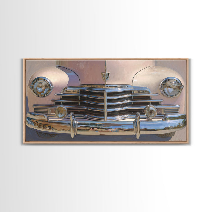 Classic Car Front Grill Closeup Framed Canvas Print, Basement Art, Statement Artwork, Living Room Decor, Fine Art, Retreat, BAS-2x1-18