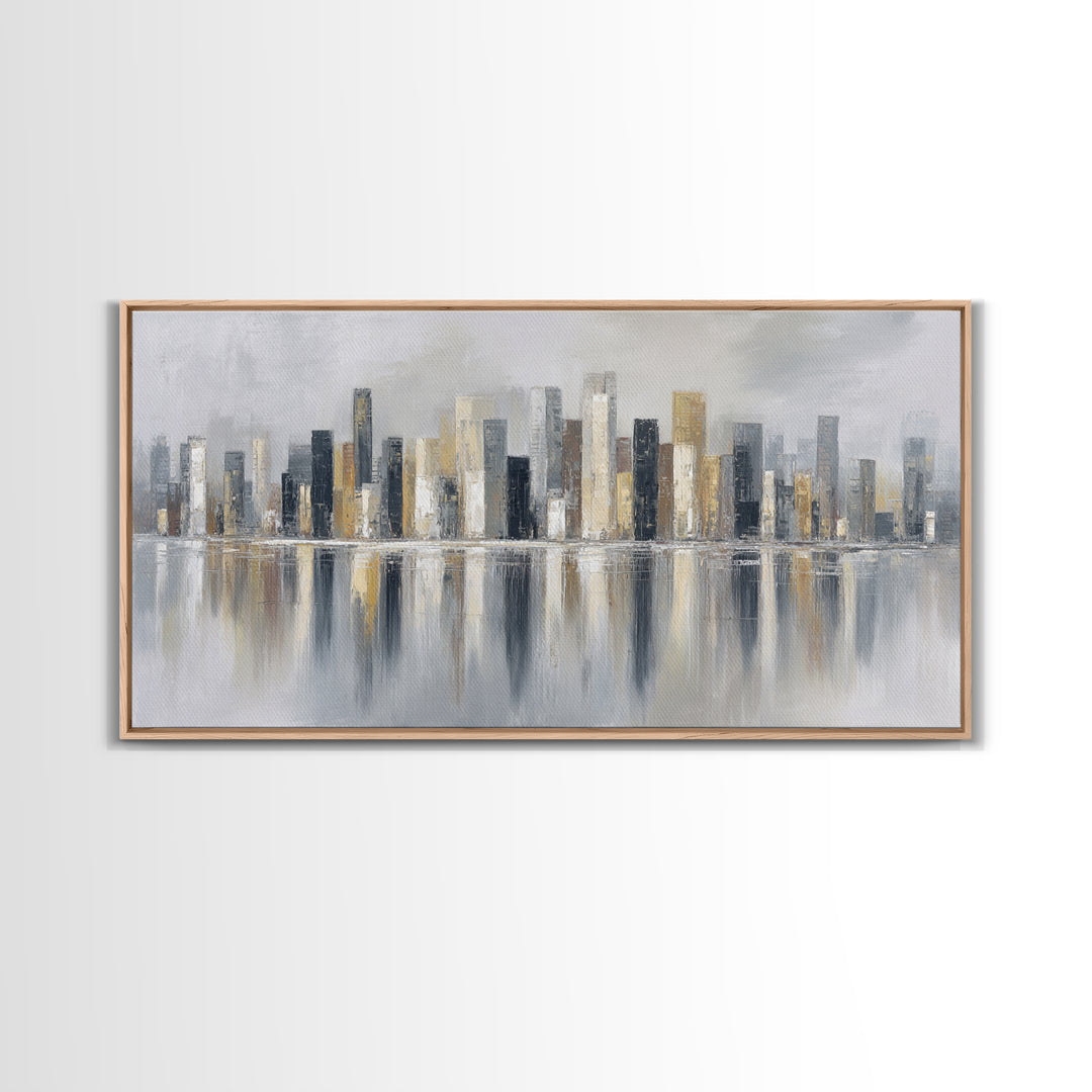 Dark Abstract City Skyline Framed Canvas Print, Basement Art, Western Decor, Living Room Decor, Retreat, Rustic Wall Art, BAS-2x1-3