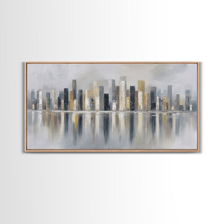 Dark Abstract City Skyline Framed Canvas Print, Basement Art, Western Decor, Living Room Decor, Retreat, Rustic Wall Art, BAS-2x1-3