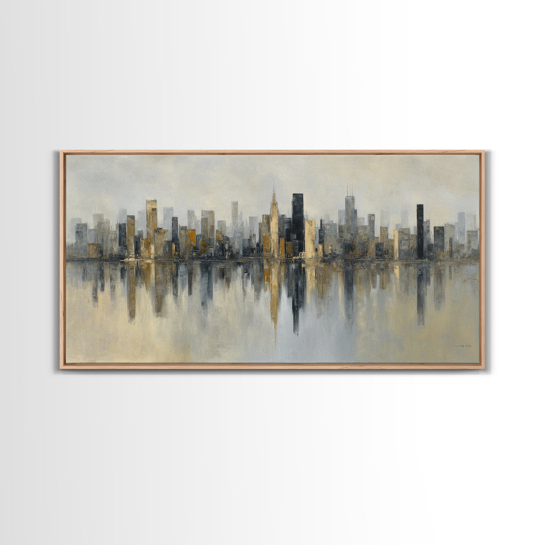 Dark Abstract City Skyline Framed Canvas Print, Basement Art, Digital Art Prints, Living Room Decor, Abstract Art, Retreat, BAS-2x1-51