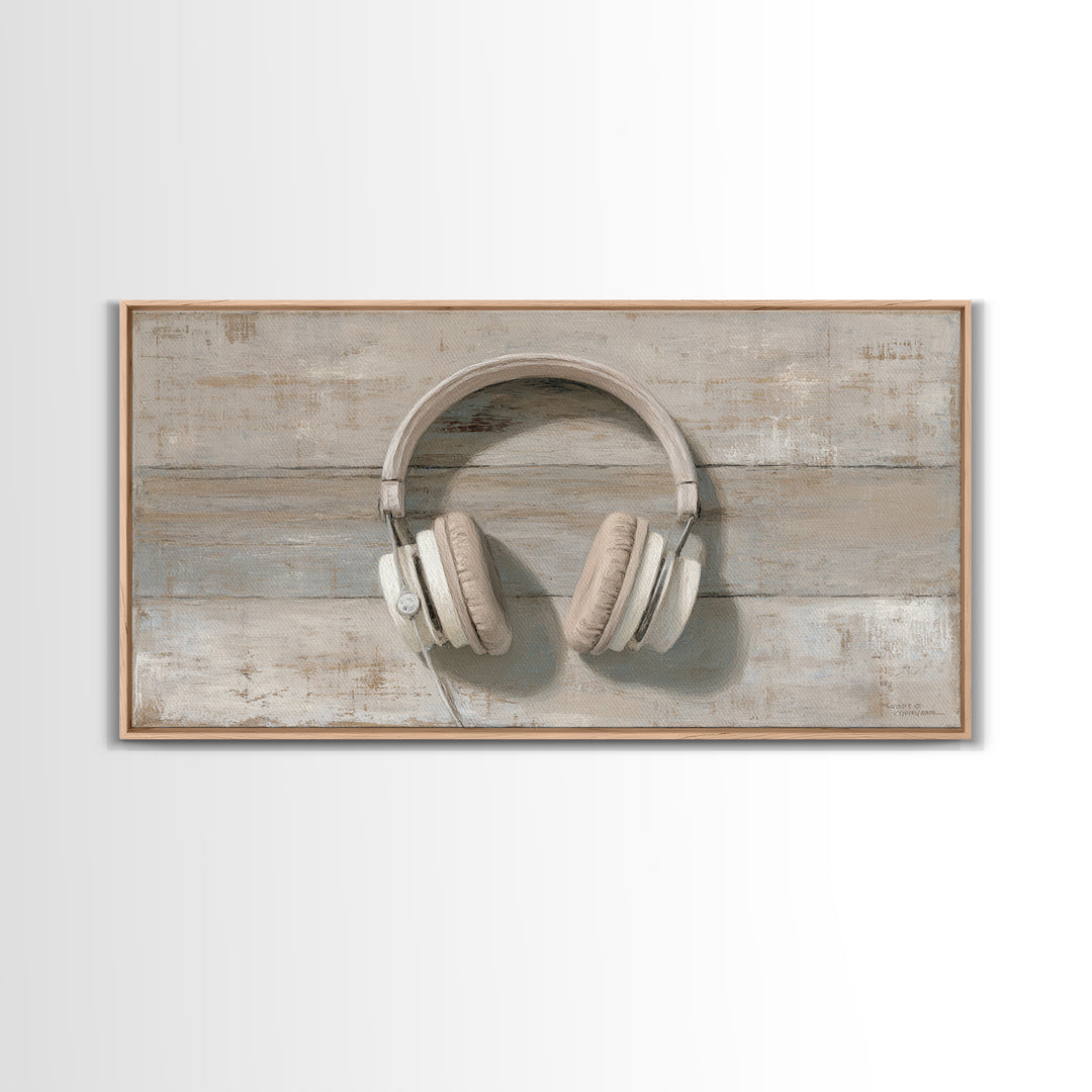 Vinyl Record and Headphones on Worn Wood Canvas Print, Basement Art, Classroom Decor, Living Room Decor, Oil Painting, Retreat, BAS-2x1-53