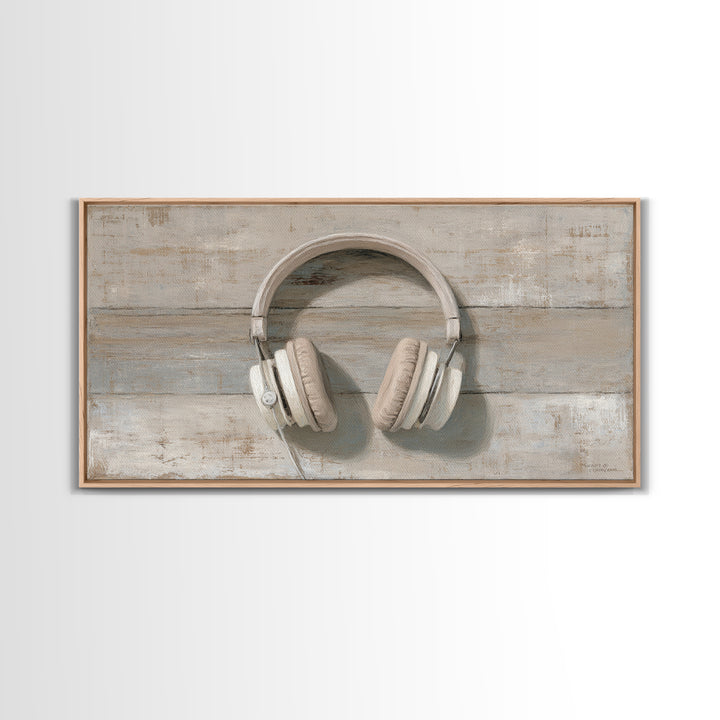Vinyl Record and Headphones on Worn Wood Canvas Print, Basement Art, Classroom Decor, Living Room Decor, Oil Painting, Retreat, BAS-2x1-53