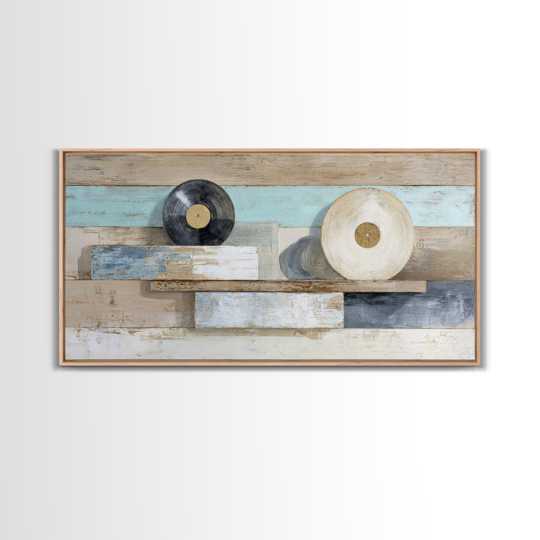 Vinyl Record and Headphones on Worn Wood Canvas Print, Basement Art, Classroom Decor, Living Room Decor, Oil Painting, Retreat, BAS-2x1-77