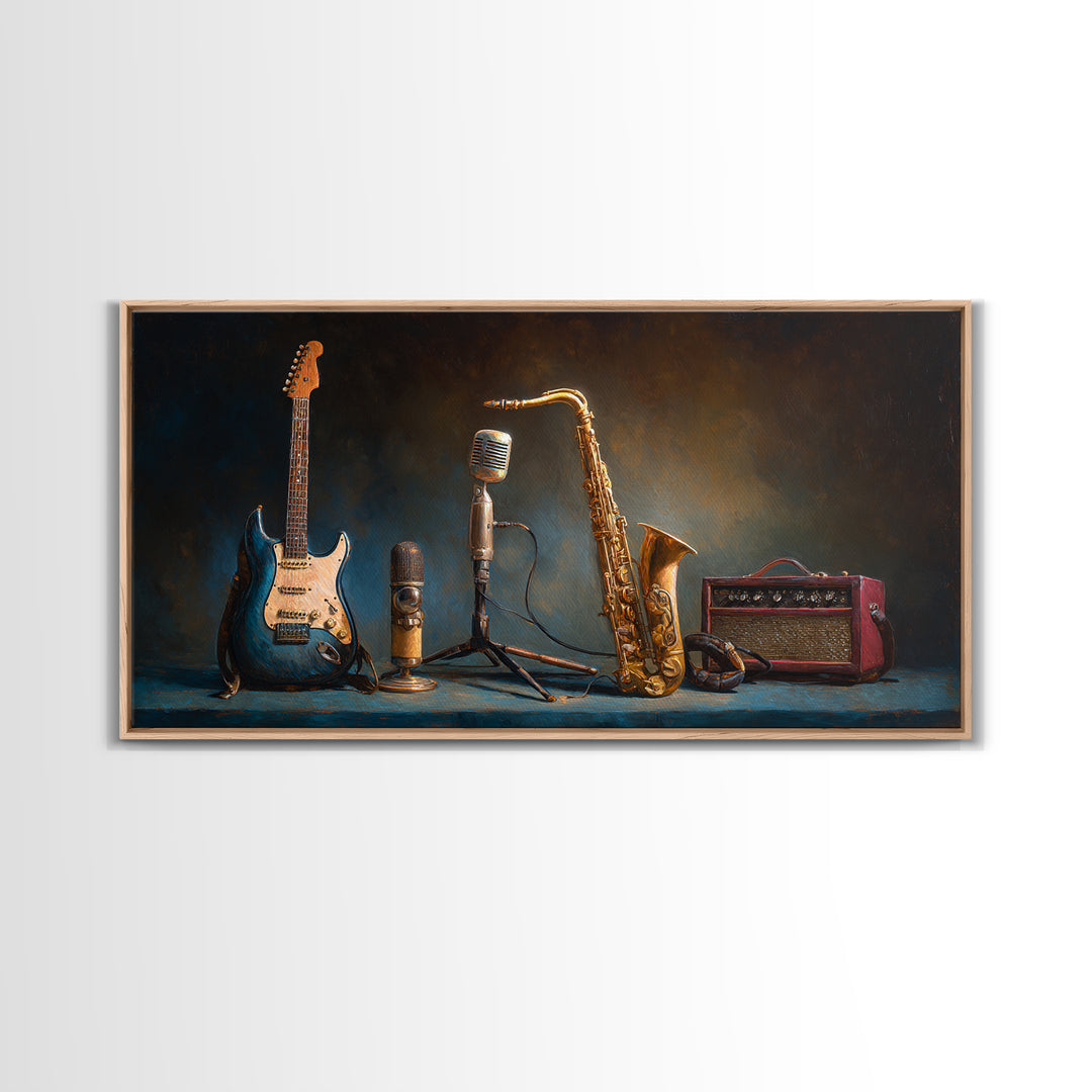 Classic Rock Guitar Still Life Framed Canvas Print, Basement Art, Digital Art Prints, Living Room Decor, Fine Art, Retreat, BAS-2x1-97