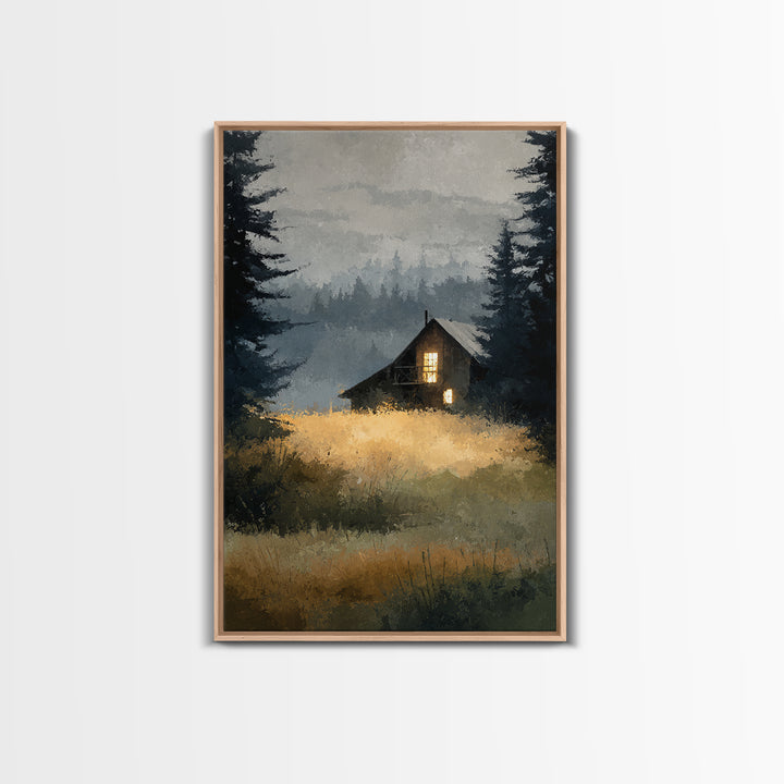Forest Cabin Night Scene Canvas Print, Basement Art, Digital Art Download, Living Room Decor, Retreat, Steampunk Wall Art, BAS-2x3-95