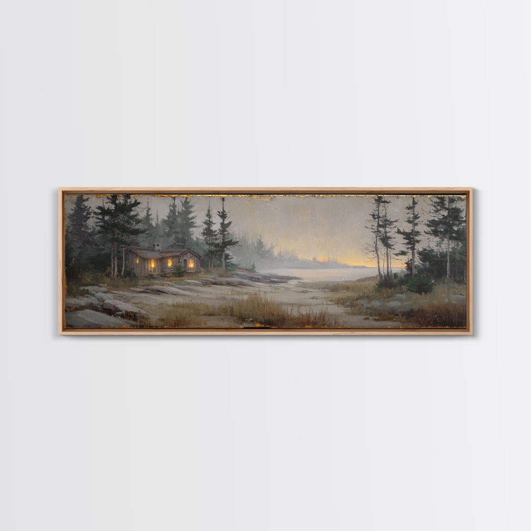 Forest Cabin Night Scene Canvas Print, Basement Art, Luxury Decor, Living Room Decor, Fine Art, Retreat, Oil Painting, BAS-3x1-31