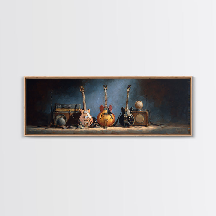 Classic Rock Guitar Still Life Framed Canvas Print, Basement Art, Cocktail Art, Living Room Decor, Fine Art, Retreat, BAS-3x1-69