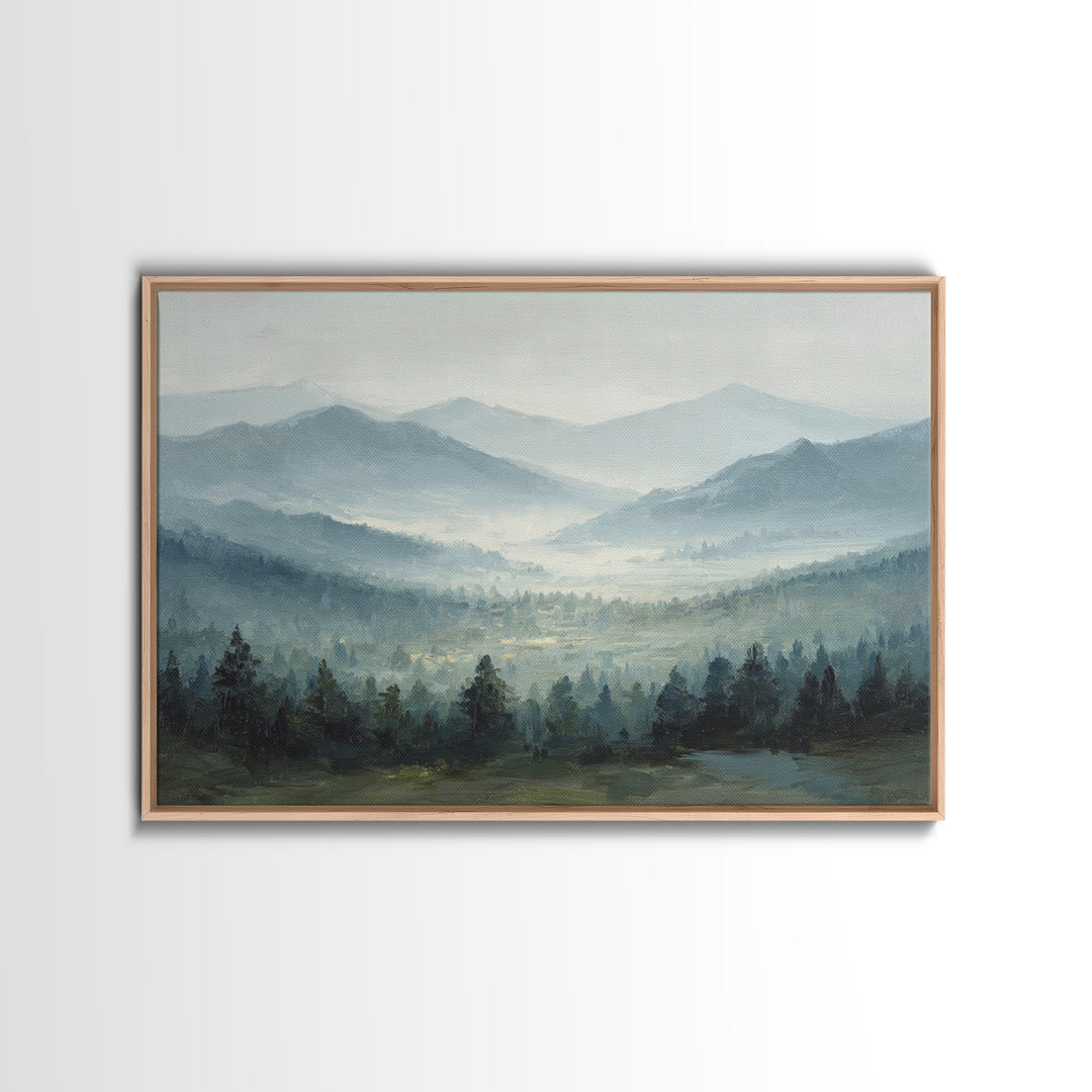 Moody Mountain Landscape for a Cozy Lounge Framed Canvas Print, Basement Art, Original Art Prints, Living Room Decor, Retreat, BAS-3x2-79