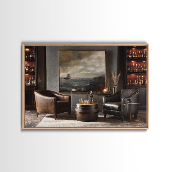 Whiskey Barrel and Leather Chair Mood Painting Framed Canvas Print, Basement Art, Man Cave Decor, Living Room Decor, Retreat, BAS-3x2-86