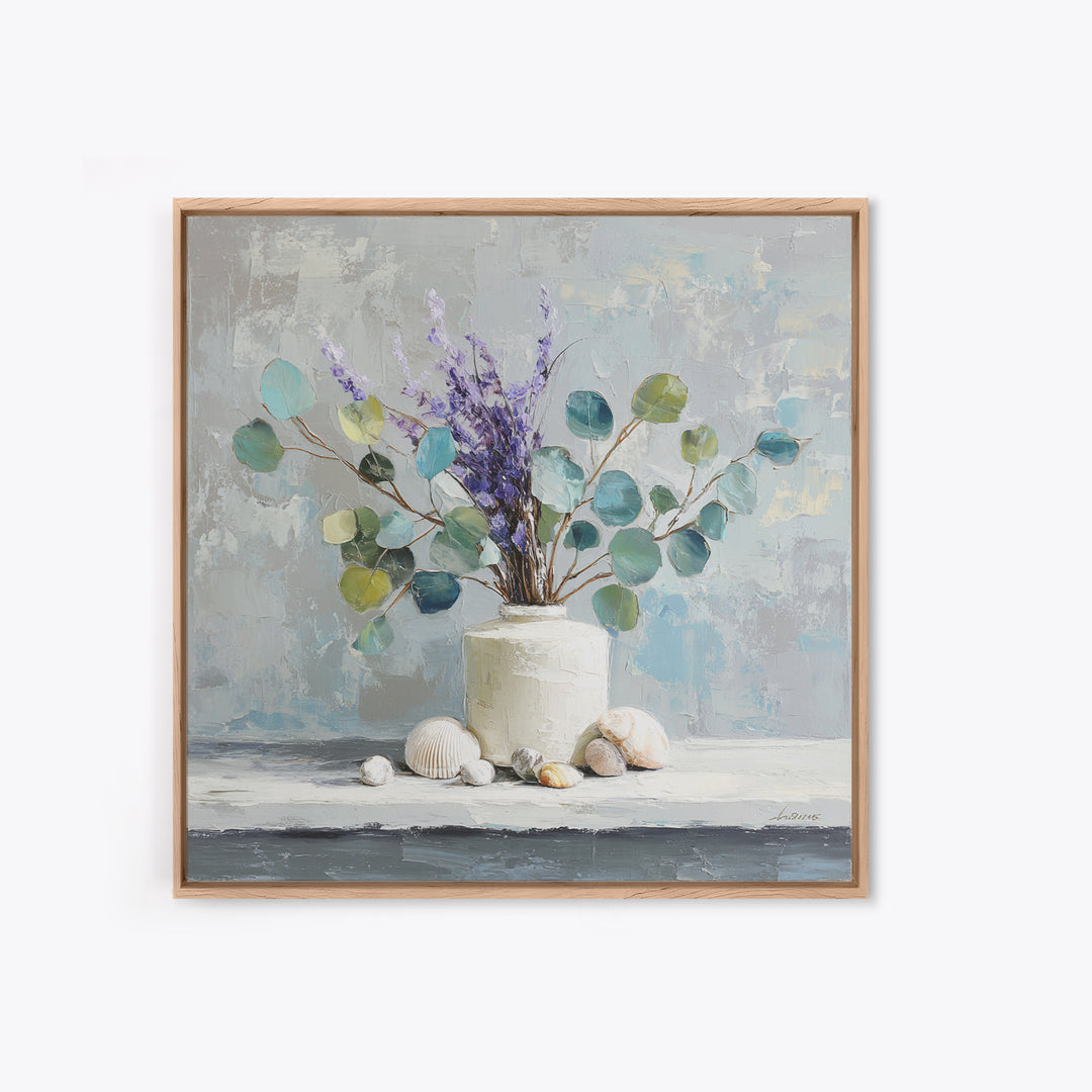 Lavender Sprigs in a Ceramic Vase Framed Canvas Print, Bathroom Art, Digital Art, Bathroom Decor, Fine Art, Spa, Dopamine Decor, BAT-1x1-12