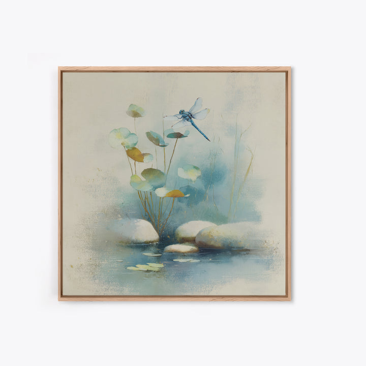 Delicate Dragonfly Above a Pond Surface Framed Canvas Print, Bathroom Art, Modern Art, Bathroom Decor, Fine Art, Spa, BAT-1x1-24