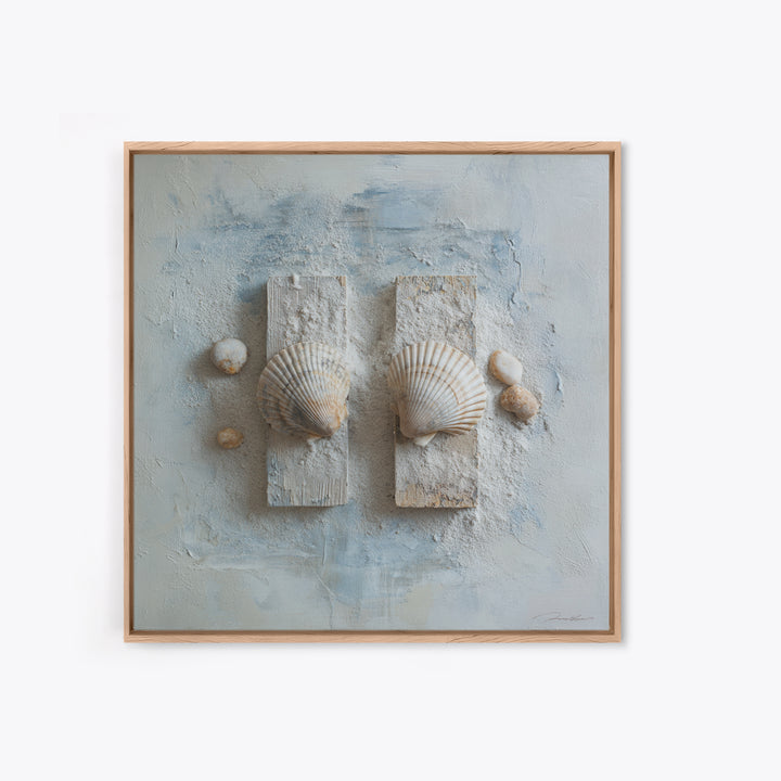 Minimal Seashell Still Life on Pale Sand Framed Canvas Print, Bathroom Art, Canvas Wall Art, Bathroom Decor, Fine Art, Spa, BAT-1x1-27