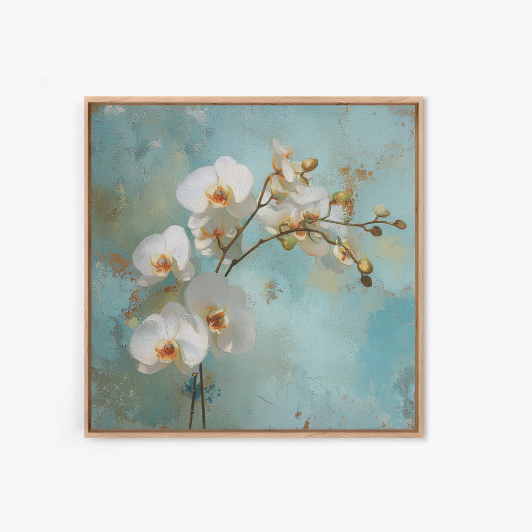 White Orchid on Warm Stone Background Framed Canvas Print, Bathroom Art, Bathroom Decor, Oil Painting, Spa, Modern Wall Art, BAT-1x1-28