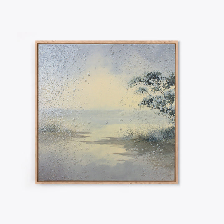 Misty Lake Scene Framed Canvas Print, Bathroom Art, Trendy Wall Art, Bathroom Decor, Fine Art, Spa, Textured Painting, BAT-1x1-57