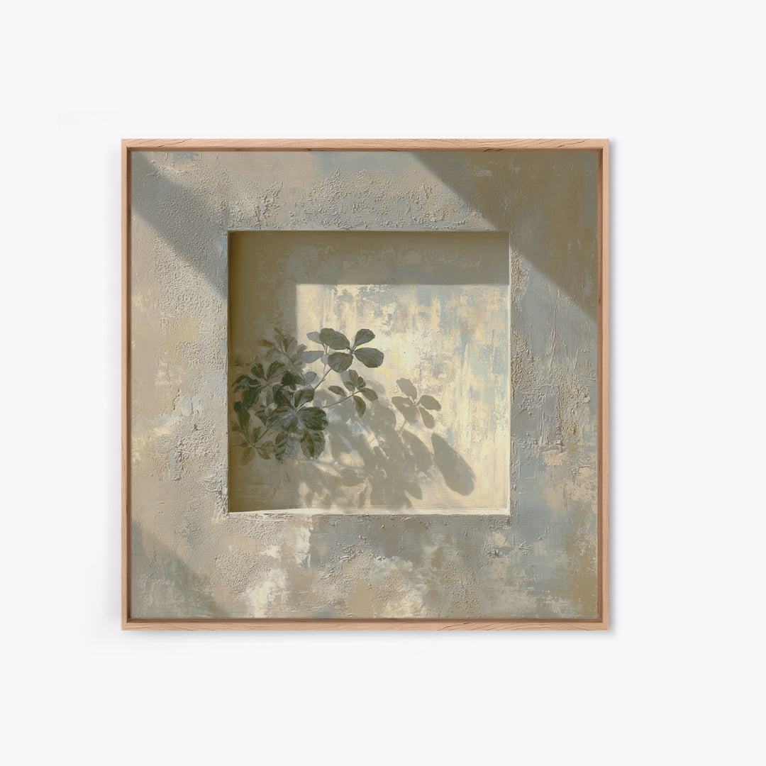 Sunlit Window Plant Shadow on Plaster Framed Canvas Print, Bathroom Art, Unique Wall Art, Bathroom Decor, Abstract Art, Spa, BAT-1x1-66
