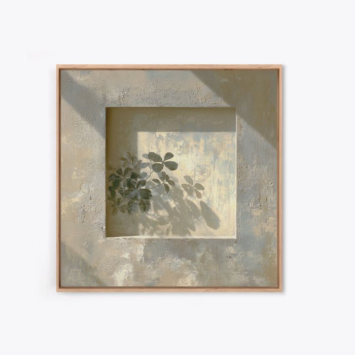 Sunlit Window Plant Shadow on Plaster Framed Canvas Print, Bathroom Art, Unique Wall Art, Bathroom Decor, Abstract Art, Spa, BAT-1x1-66