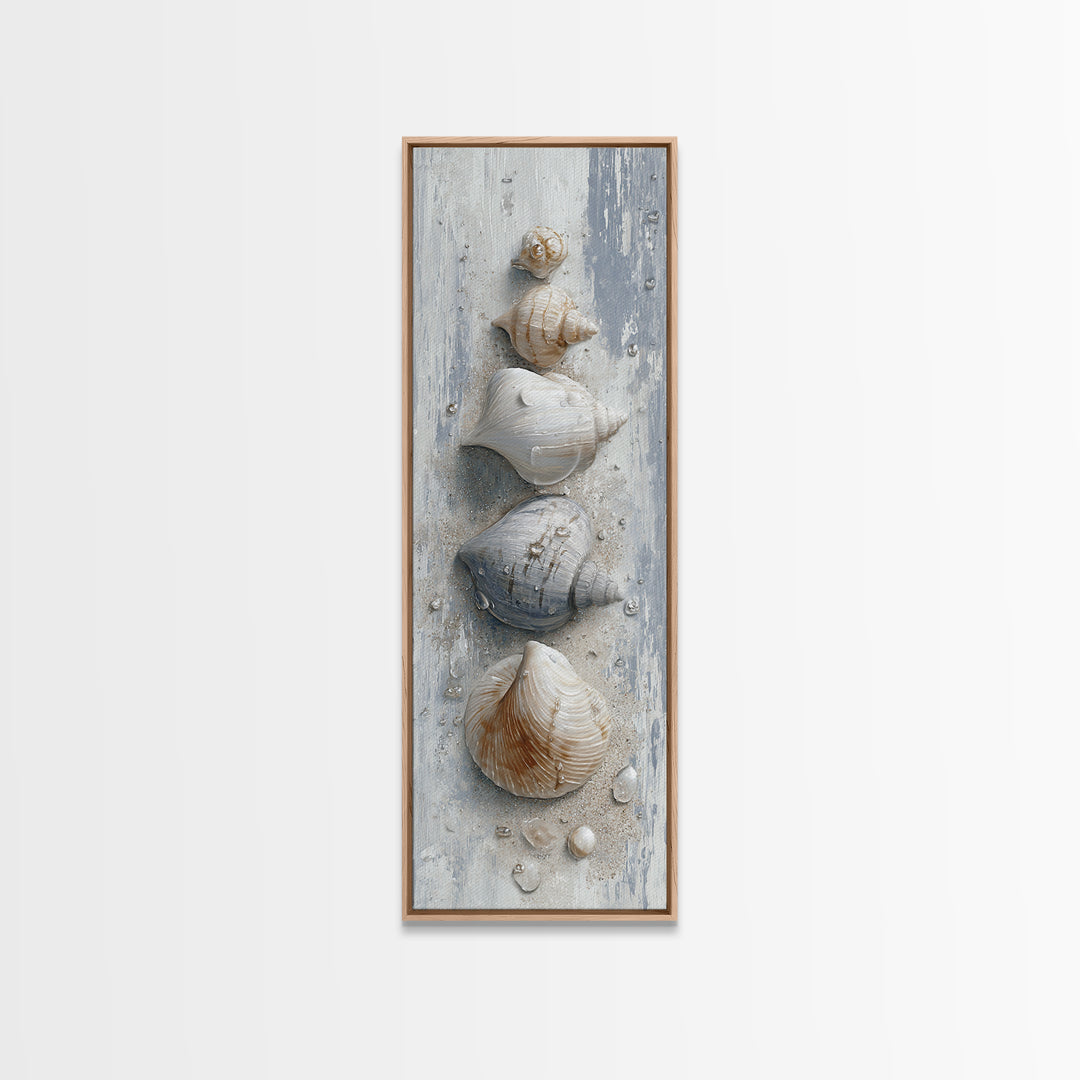 Minimal Seashell Still Life on Pale Sand Framed Canvas Print, Bathroom Art, Statement Artwork, Bathroom Decor, Abstract Art, BAT-1x3-15