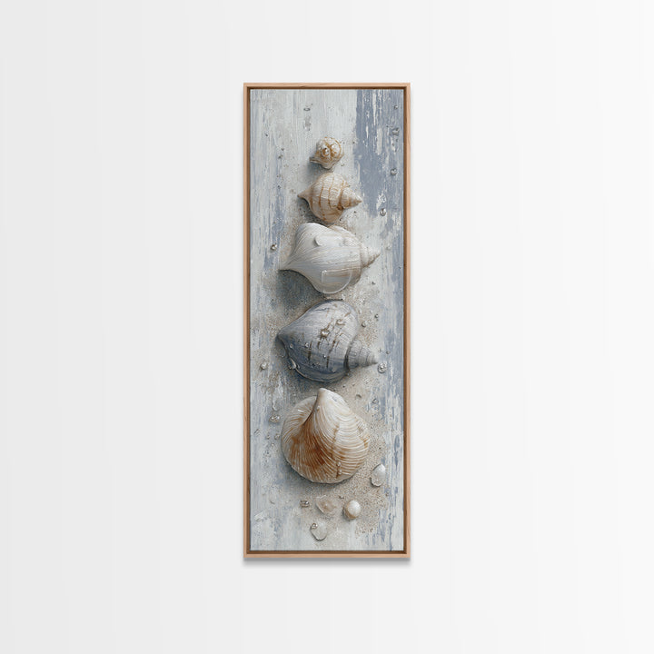 Minimal Seashell Still Life on Pale Sand Framed Canvas Print, Bathroom Art, Statement Artwork, Bathroom Decor, Abstract Art, BAT-1x3-15