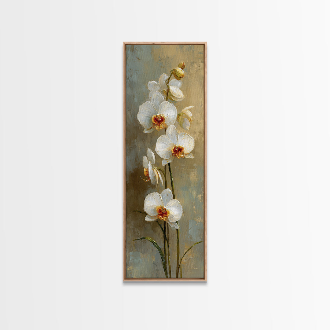White Orchid on Warm Stone Background Framed Canvas Print, Bathroom Art, Home Decor, Bathroom Decor, Spa, Canvas Wall Art, BAT-1x3-64
