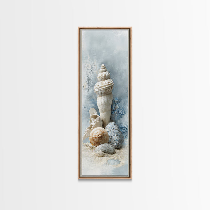 Minimal Seashell Still Life on Pale Sand Framed Canvas Print, Bathroom Art, Canvas Wall Art, Bathroom Decor, Fine Art, Spa, BAT-1x3-87