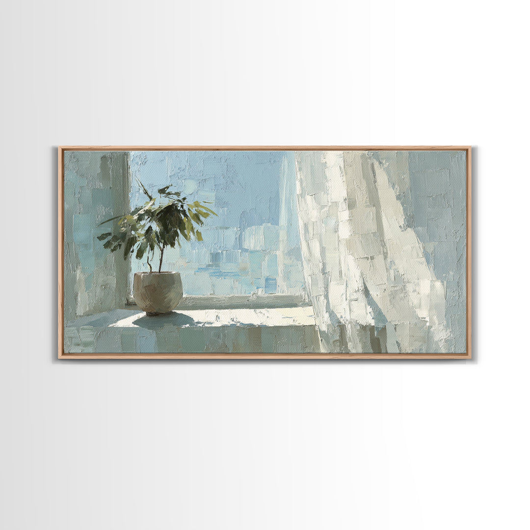 Sunlit Window Plant Shadow on Plaster Framed Canvas Print, Bathroom Art, Bathroom Print, Bathroom Decor, Watercolor Art, Spa, BAT-2x1-14