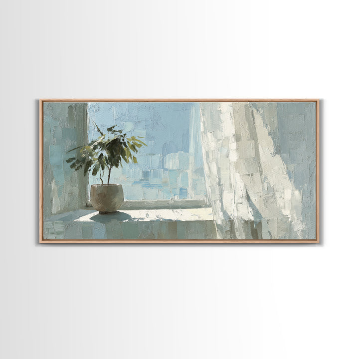 Sunlit Window Plant Shadow on Plaster Framed Canvas Print, Bathroom Art, Bathroom Print, Bathroom Decor, Watercolor Art, Spa, BAT-2x1-14