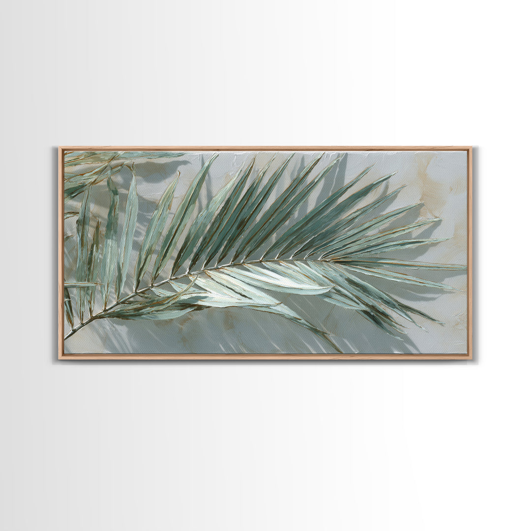 Simple Palm Frond on Off White Linen Framed Canvas Print, Bathroom Art, Bathroom Art Decor, Bathroom Decor, Abstract Art, Spa, BAT-2x1-19