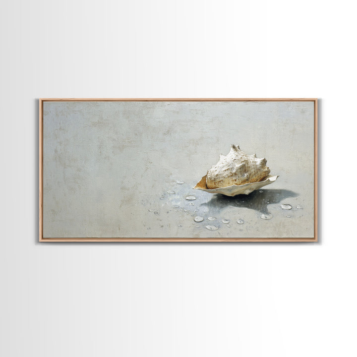 Minimal Seashell Still Life on Pale Sand Framed Canvas Print, Bathroom Art, Digital Art, Bathroom Decor, Watercolor Art, Spa, BAT-2x1-23