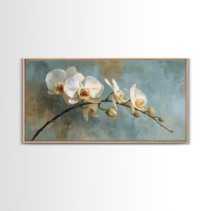 White Orchid on Warm Stone Background Framed Canvas Print, Bathroom Art, Textured Painting, Bathroom Decor, Fine Art, Spa, BAT-2x1-24