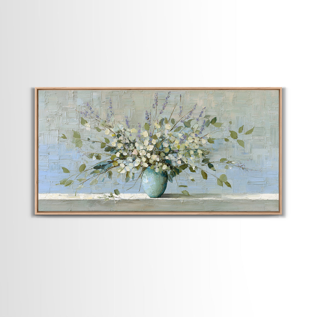 Lavender Sprigs in a Ceramic Vase Canvas Print, Bathroom Art, Minimalist Decor, Bathroom Decor, Oil Painting, Spa, Wall Hanging, BAT-2x1-32