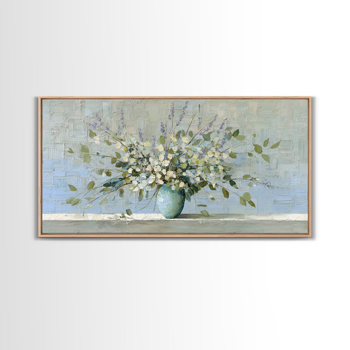 Lavender Sprigs in a Ceramic Vase Canvas Print, Bathroom Art, Minimalist Decor, Bathroom Decor, Oil Painting, Spa, Wall Hanging, BAT-2x1-32