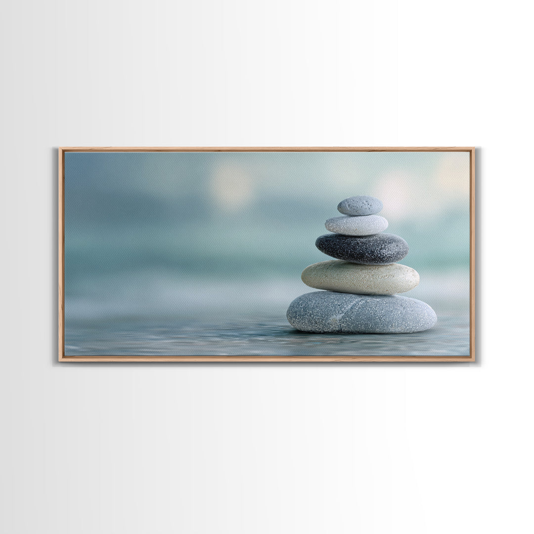 Monochrome Pebble Stack Framed Canvas Print, Bathroom Art, Statement Artwork, Bathroom Decor, Fine Art, Spa, Digital Art, BAT-2x1-33