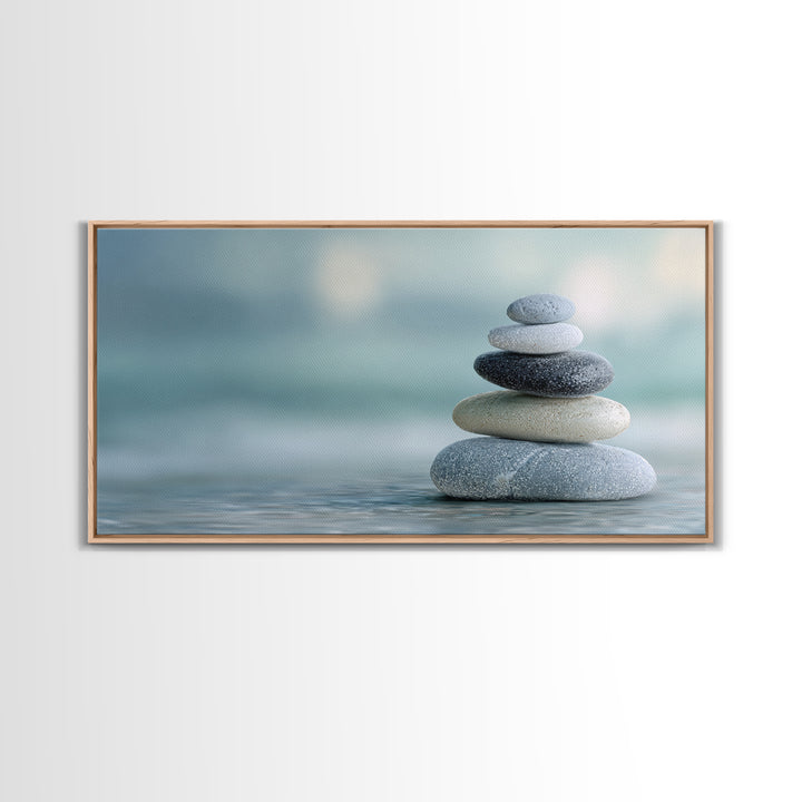 Monochrome Pebble Stack Framed Canvas Print, Bathroom Art, Statement Artwork, Bathroom Decor, Fine Art, Spa, Digital Art, BAT-2x1-33