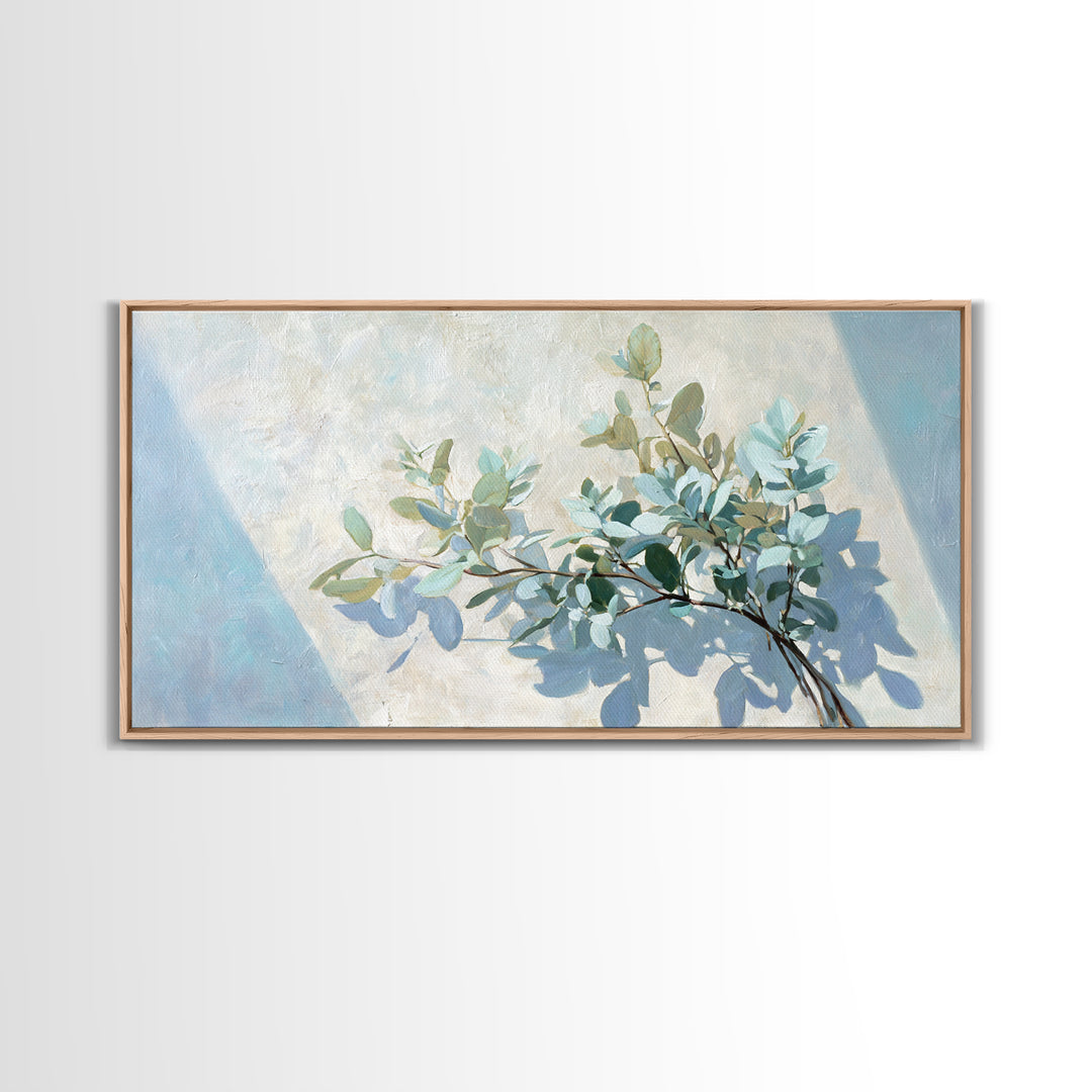 Sunlit Window Plant Shadow on Plaster Framed Canvas Print, Bathroom Art, Bathroom Print, Bathroom Decor, Watercolor Art, Spa, BAT-2x1-38