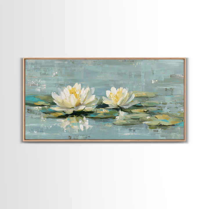 Lotus Flower Floating on Calm Water Framed Canvas Print, Bathroom Art, Wall Art, Bathroom Decor, Fine Art, Spa, Dog Portrait, BAT-2x1-40