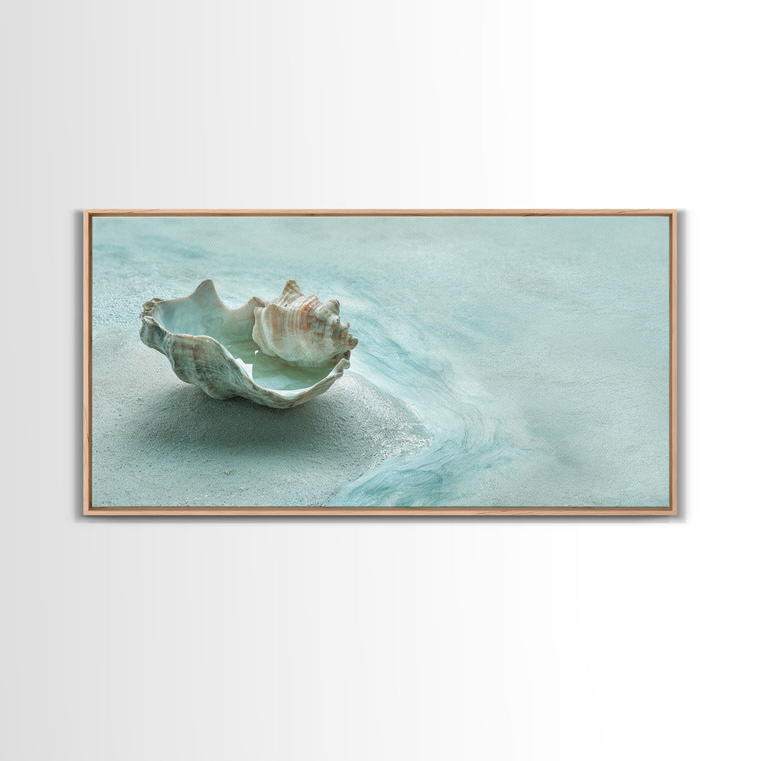 Minimal Seashell Still Life on Pale Sand Canvas Print, Bathroom Art, Bathroom Wall Art, Bathroom Decor, Oil Painting, Spa, BAT-2x1-47