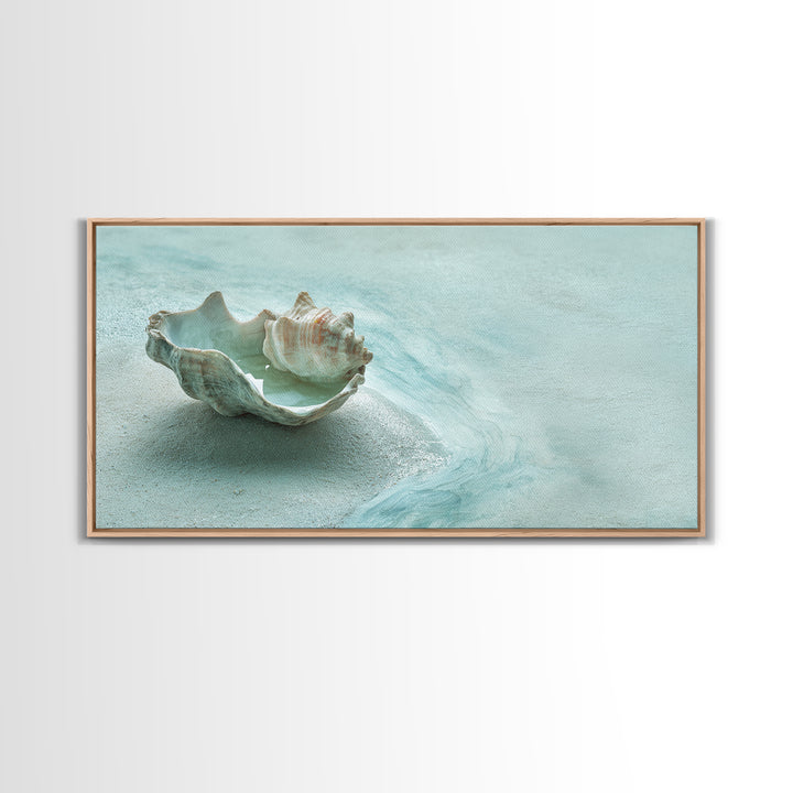 Minimal Seashell Still Life on Pale Sand Canvas Print, Bathroom Art, Bathroom Wall Art, Bathroom Decor, Oil Painting, Spa, BAT-2x1-47