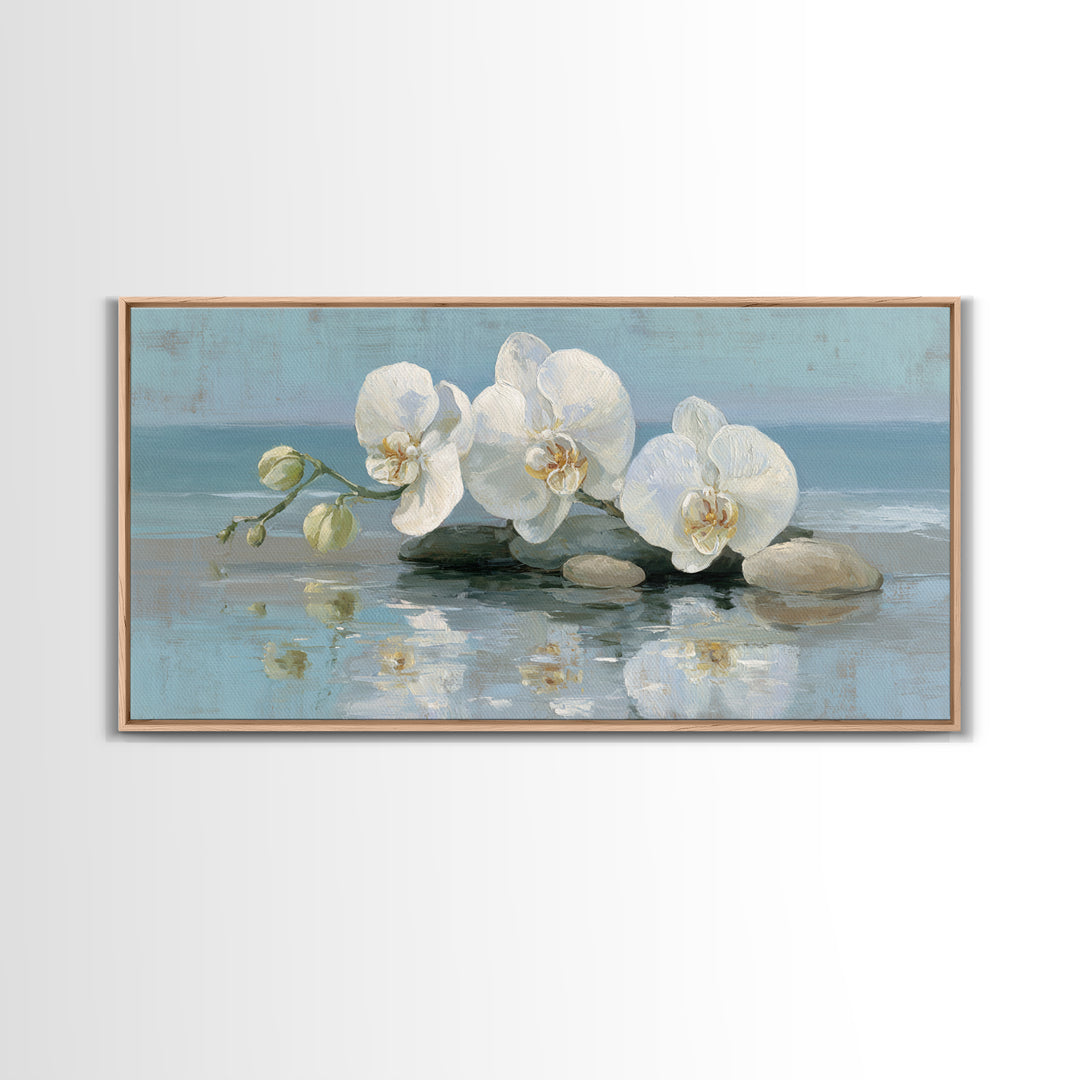 White Orchid on Warm Stone Background Canvas Print, Bathroom Art, Poster, Bathroom Decor, Fine Art, Spa, Digital Print, BAT-2x1-48